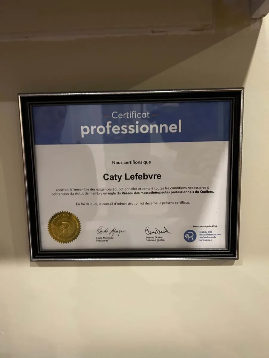 Certificat professionnel en massothérapie au nom de Caty Lefebvre