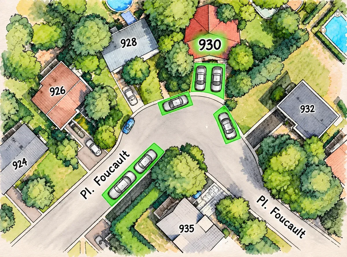 Plan illustré de la place Foucault : entrée du 930 avec deux places et places dans la rue, en vert